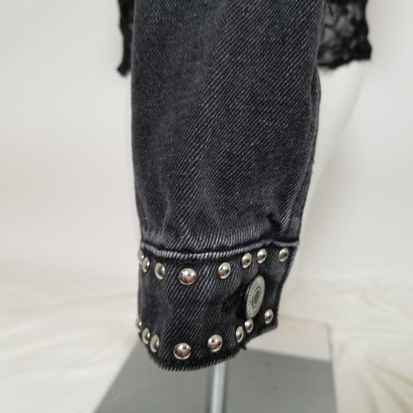 Forever 21 Jean Denim Jacket Coat S Black Distressed Stud Bling Gothic Punk Alt - Picture 8 of 12